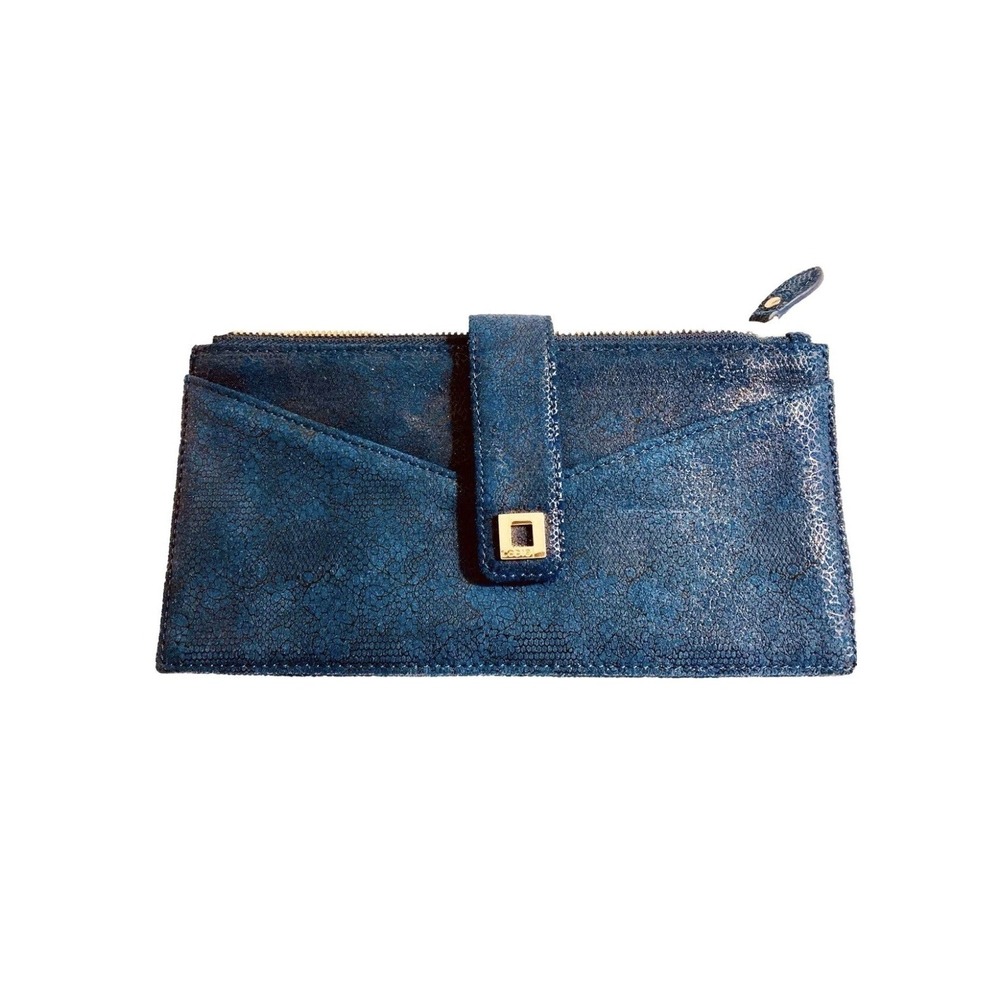 Navy Blue Leather Snakeskin Print Clutch Wallet Gold Turn Lock Zip Top by LODIS
